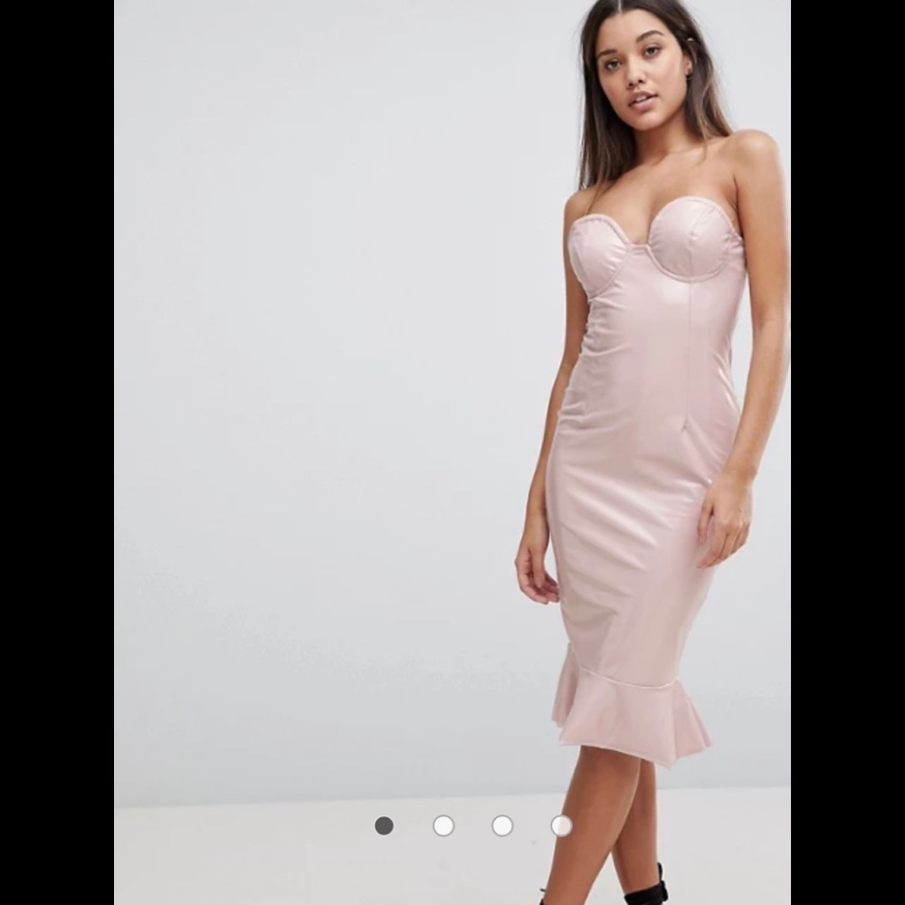 Latex Look Bandeau Bodycon Dress With Frill Hem